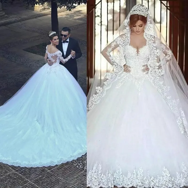 

Современное арабское свадебное платье 2022 с длинными рукавами и кружевной аппликацией, свадебное платье с бусинами и длинным шлейфом для часовни, свадебные платья