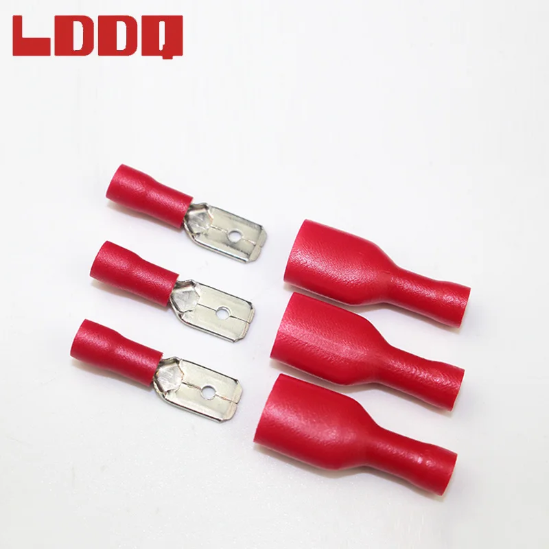 LDDQ 100 шт. красные полностью изолированные обжимные клеммы, электрические разъемы для проводов, аудио проводка, штекер/гнездо, комплект 50 пар 22-16 AWG