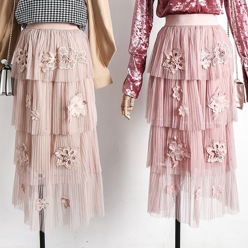 Женская юбка с эластичным поясом кружевная длинная до середины икры объемным