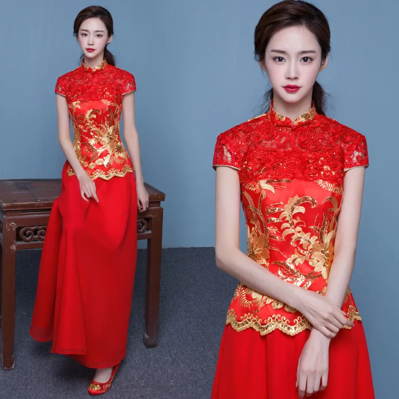 

Red Bride Cheongsam Fashion Women Embroidery Modern Chinese Wedding Dress Long Traditional Clothes China Qipao