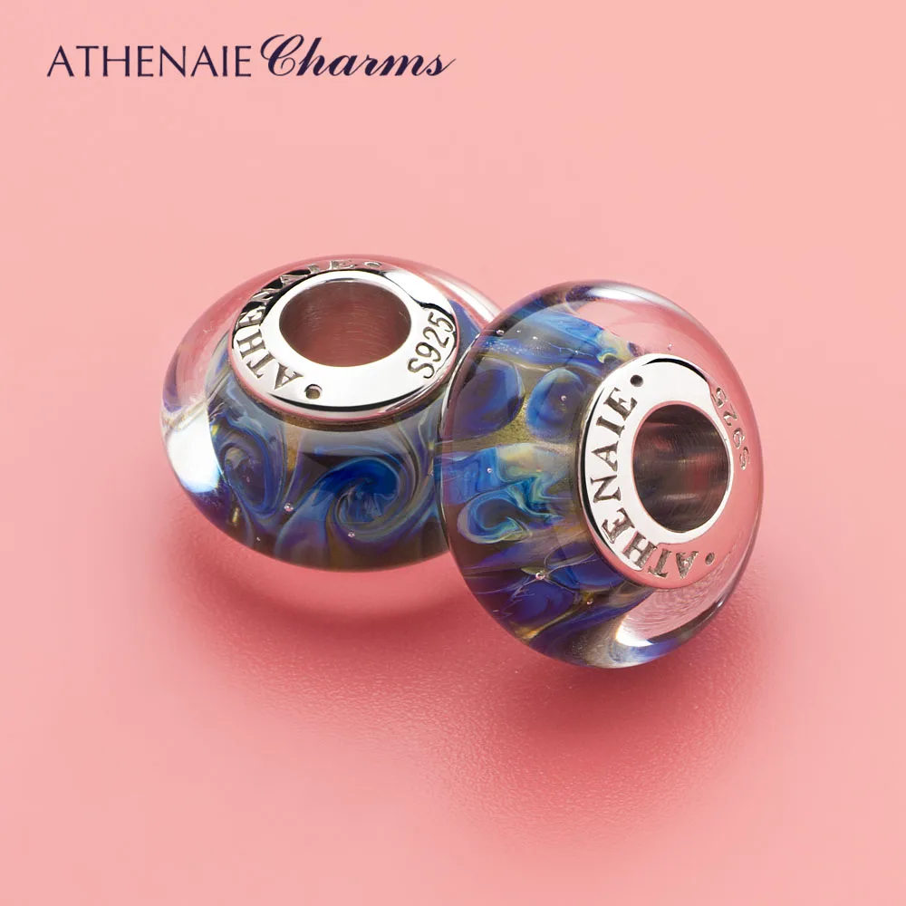 ATHENAIE, настоящее муранское стекло, 925 серебряный сердечник, галактика, амулеты, бисер, подходит для европейского браслета, ожерелье для женщин, сделай сам, рождественское ювелирное изделие