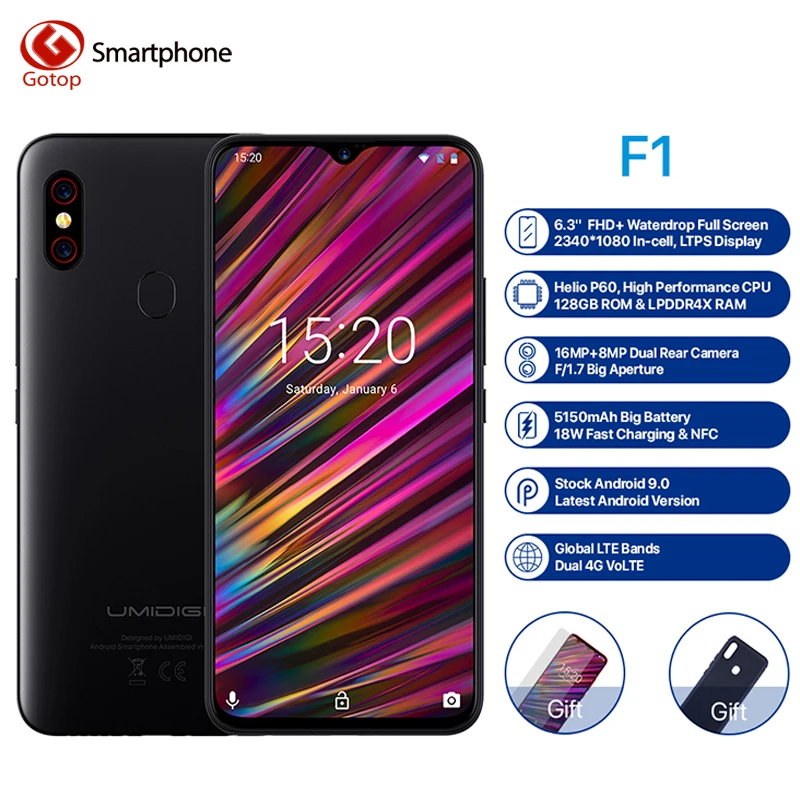 UMIDIGI F1 Android 9 0 6 3 &quotFHD + 128 Гб rom 4 ram Helio P60 5150 мАч большая батарея 18 Вт Быстрая зарядка