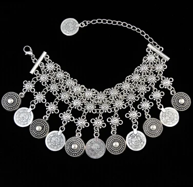 bracelet Цыганский турецкий Бохо античный серебряный красный, зеленый камень колье ожерелье с монеткой кисточкой Этническая монета заявление ожерелье браслет наборы - Окраска металла: bracelet