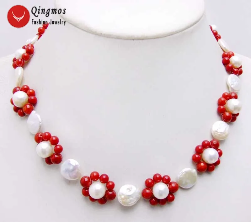 

Qingmos Trendy Pearl Chokers Necklace for Women with Natural White Round Coin & Red Coral Flower Handwork Weaving Necklace-6222