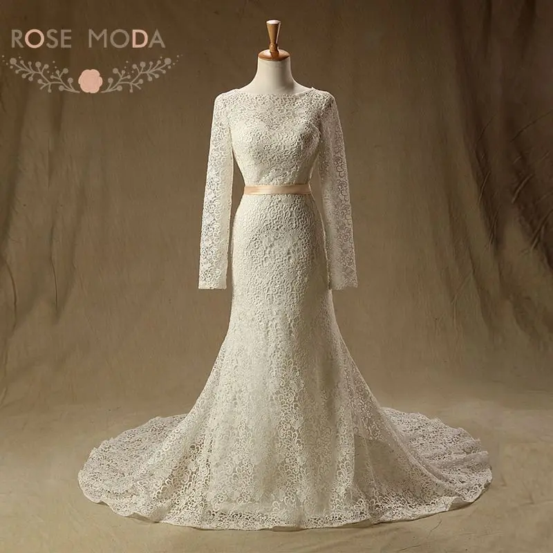 

Rose Moda Long Sleeves Wedding Dress Lace Mermaid Wedding Dresses Backless 2019 Real Photos
