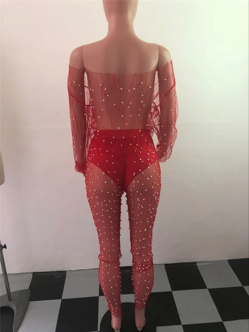 Adogirl жемчуг Sheer Mesh Женский комплект из двух предметов с вырезом лодочкой с открытыми плечами с длинным рукавом Свободный укороченный топ брюки с трусиками Клубные наряды