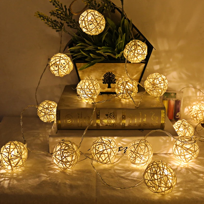 10LED 1 м 20LED 2 м ротанговый шар сказочная гирлянда декоративные огни теплый белый Рождественский свет для украшения свадебной вечеринки
