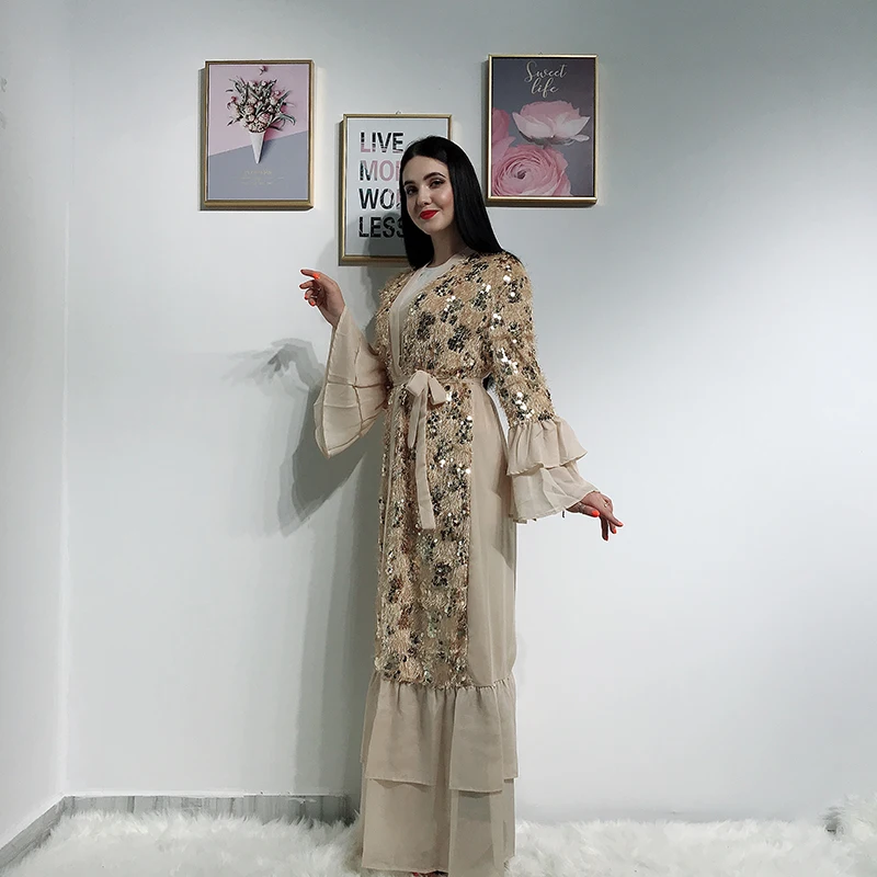 Sequin кимоно с бахромой Abaya Дубай Кафтан Ислам Мусульманский хиджаб платье Абая для