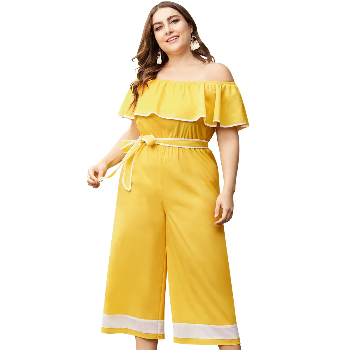 WHZHM женский комбинезон с поясом коротким рукавом вырезом лодочкой и оборками