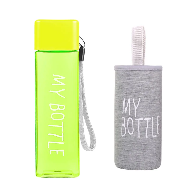 green and sleeve Новая квадратная пластиковая бутылка My bottle 500 мл для бутылок с водой для питья с веревкой, прозрачная или матовая Спортивная, корейский стиль, термостойкая - Цвет: green and sleeve