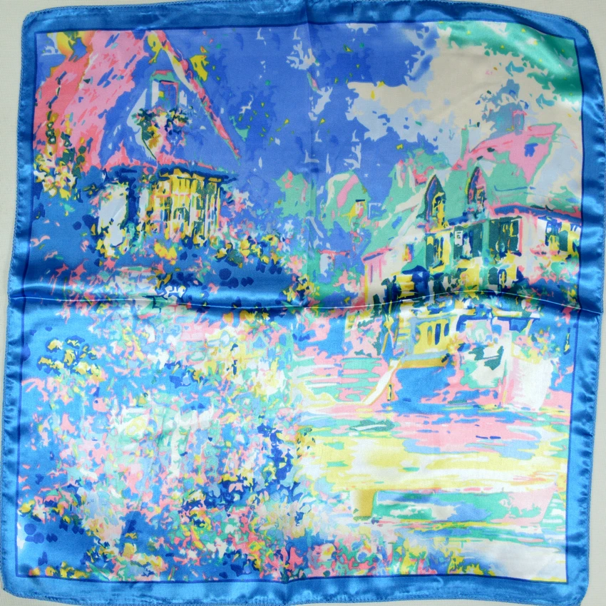 

2015 Brand Small Square Scarves Printed Hot Sale Women All-Match Satin Scarves 52*52cm Oil Painting Silk Scarf Red And Blue