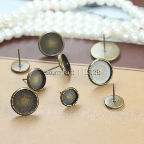 Antique bronze plated 200pcs 16mm earring cabochon cameo setting blanks post with bullet stoppers studs diy findings | Украшения и