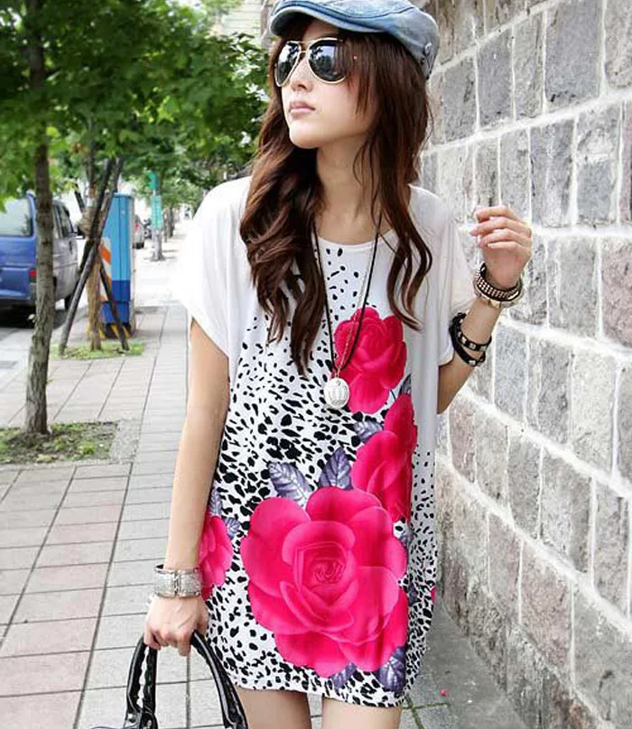 2018 новое летнее женское белое платье футболка с модным принтом розы свободное