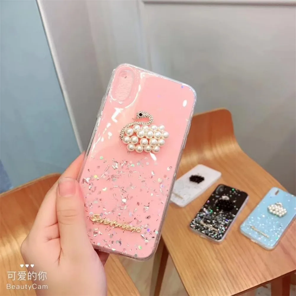 Новый Модный чехол с лебедем и бриллиантом для iphone 6 s 7 8 Plus X XR XS MAX розовый синий