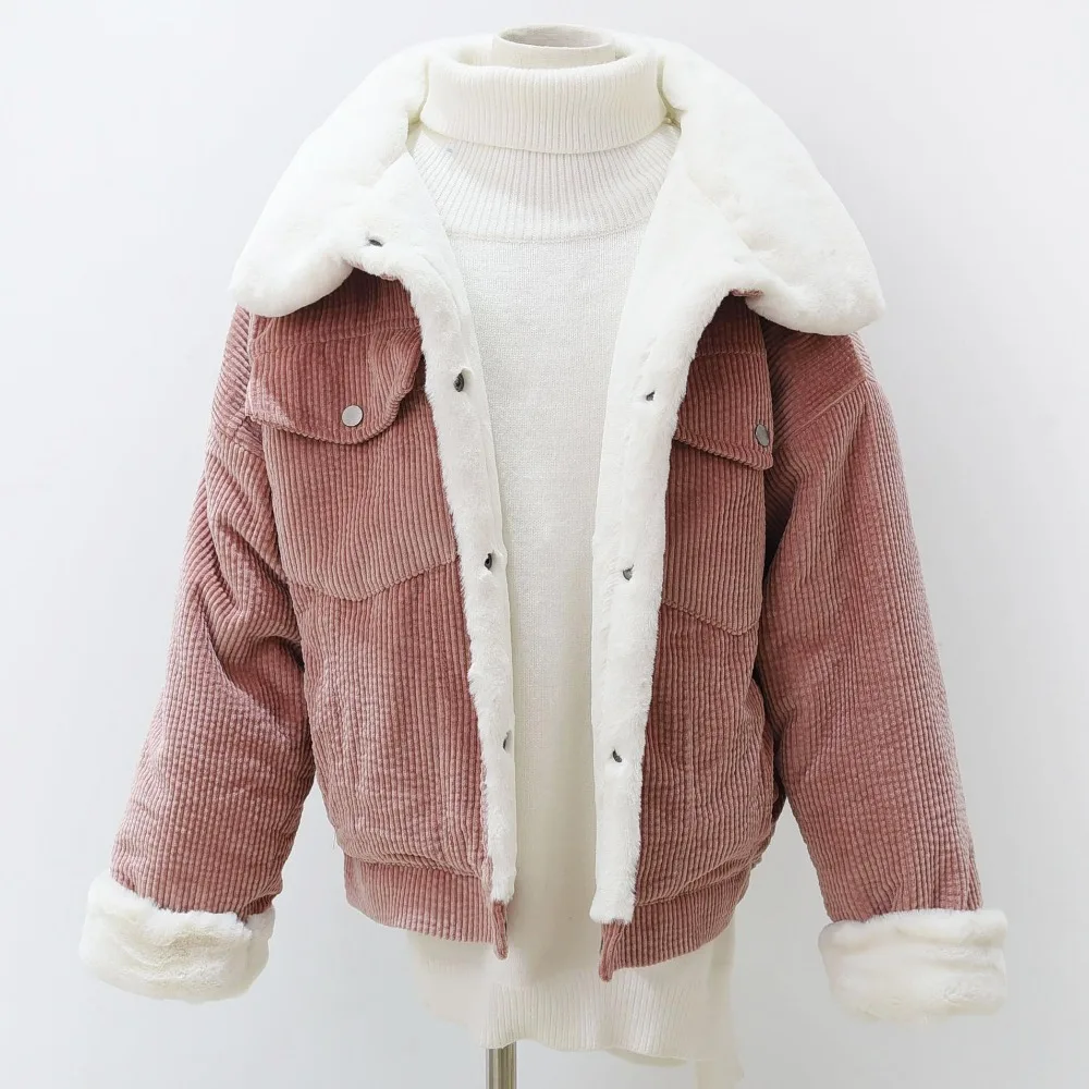 

fashion Women New Thick Winter lambswool Jackets woman Cute Outerwear Coat Warm Parka woman Loose Corduroy Jacket