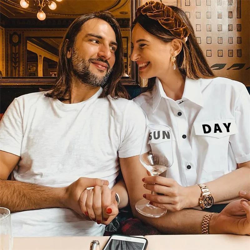 Streetwear Sunday Letter Printed Blouse Women Summer Chic Girl's Short Sleeve Buttons Pockets Shirts Party 2019 | Женская одежда