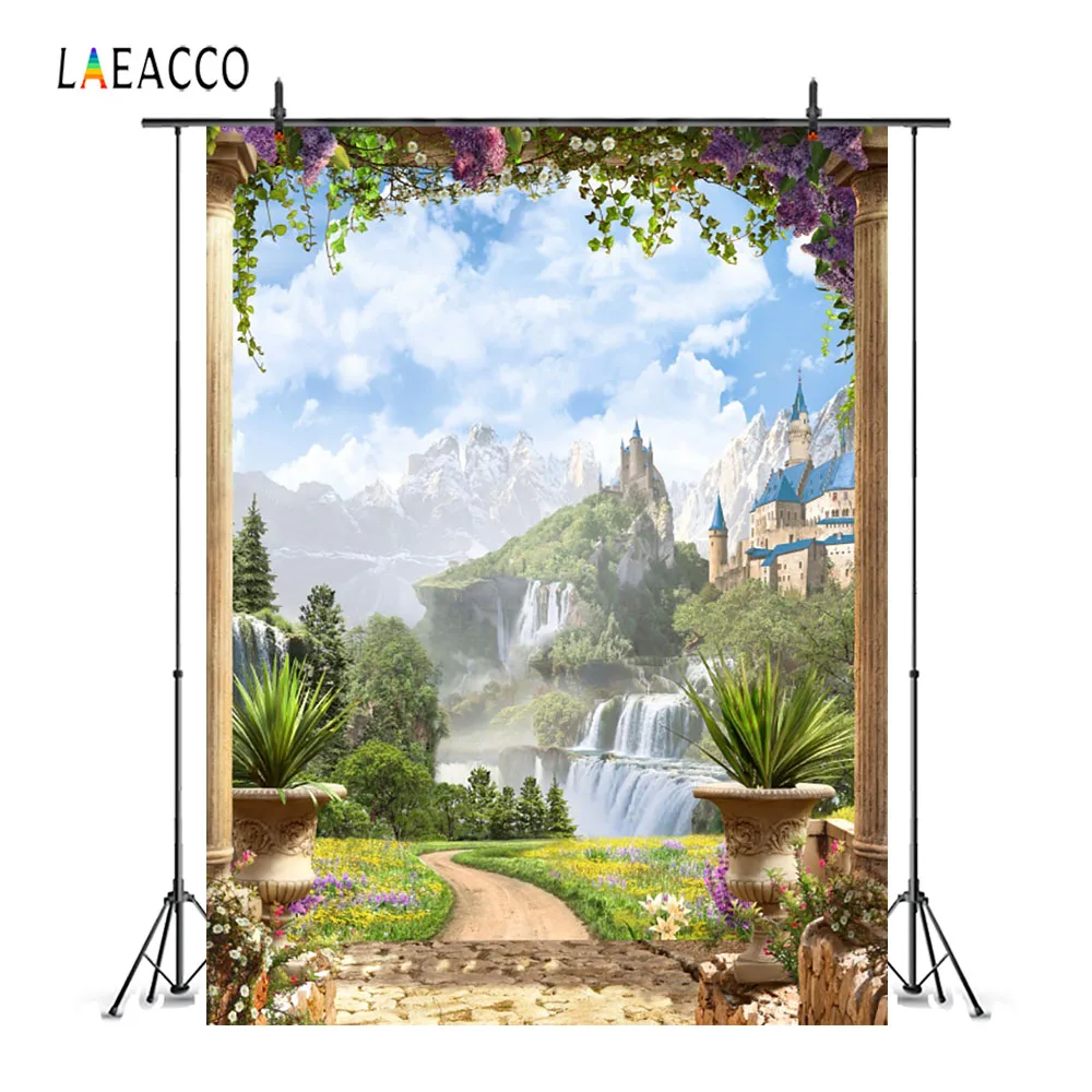 Фоны Laeacco для детской фотосъемки с изображением гор замка цветов сада арки|backgrounds