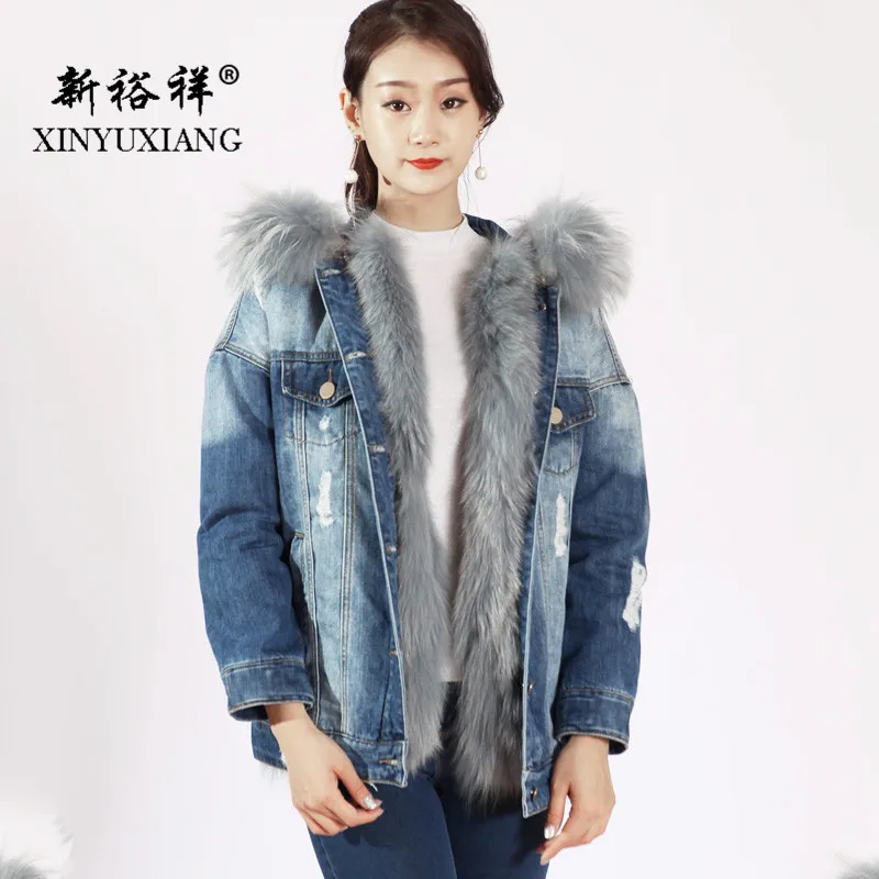 XINYUXIANG 2018 рваные джинсовые куртки для женщин 100% подкладка из натурального Лисьего