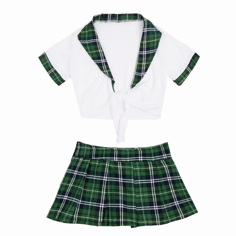 Green White Iiniim, Женский Школьный костюм для ролевых игр, прозрачный короткий топ с клетчатой мини-юбкой, сексуальный костюм для взрослых - Цвет: Green White