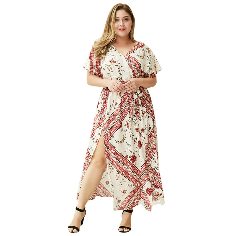 Женское богемное платье WHZHM летнее макси с поясом и глубоким V образным вырезом