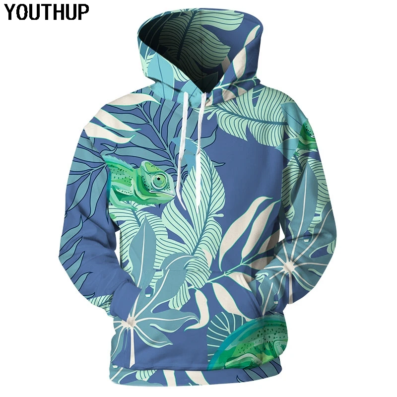 Голубые толстовки YOUTHUP 2020 мужские и женские с 3d капюшоном худи принтом листьев