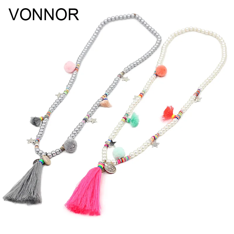 VONNOR Jewery женское украшение для шеи; богемный стиль красочные бусины имитация жемчуга оболочки подвеска с длинной кисточкой ожерелье для платья