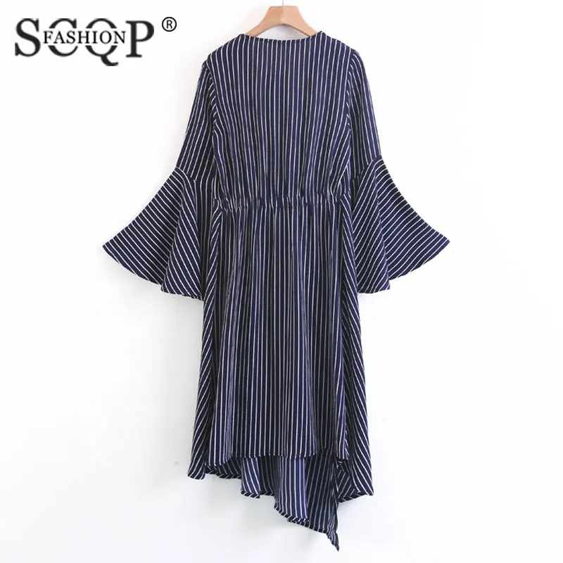 SCQP модные синие платье в полоску нерегулярные с длинным рукавом Глубокий V
