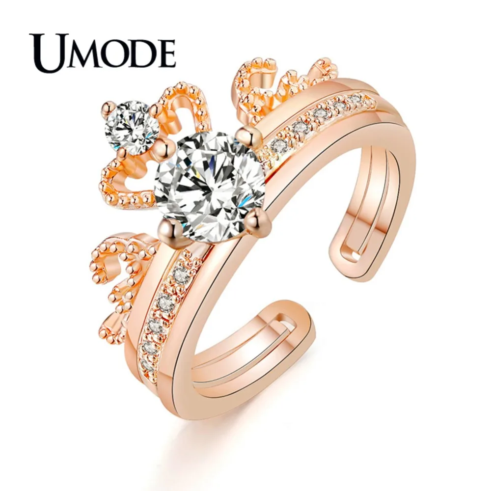 Женское кольцо с короной UMODE съемное двойное из белого золота прозрачными