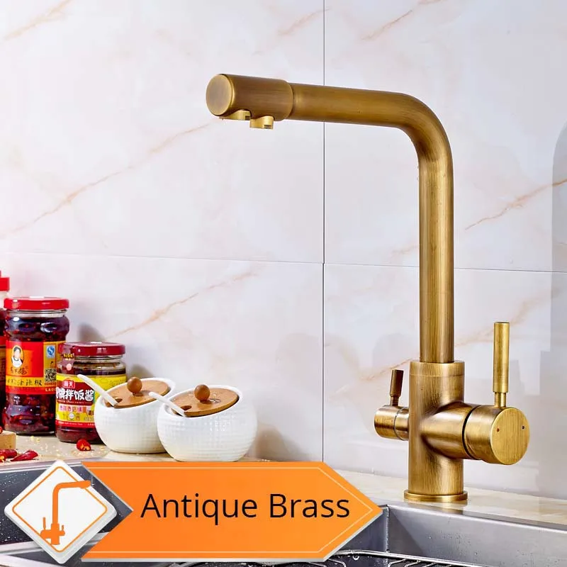 Antique Brass Faucet Хромированный латунный отвод очищенной воды, кухонный смеситель, кухонный кран, чистый фильтр для воды, бортике, двойные ручки, краны для горячей и холодной воды - Цвет: Antique Brass Faucet