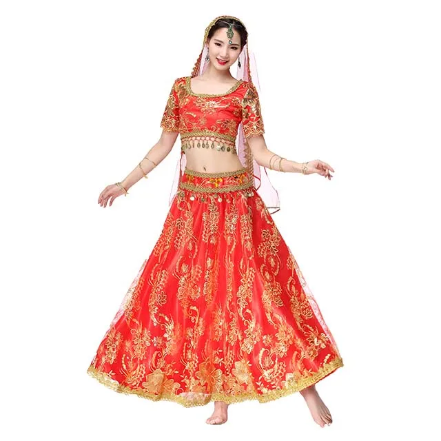 Red-4Pcs Индийские платья для танцев Болливуда для женщин, костюмы для танца живота, топы, рукава, монеты, комплект из 4 предметов, топ+ пояс+ юбка+ вуаль - Цвет: Red-4Pcs