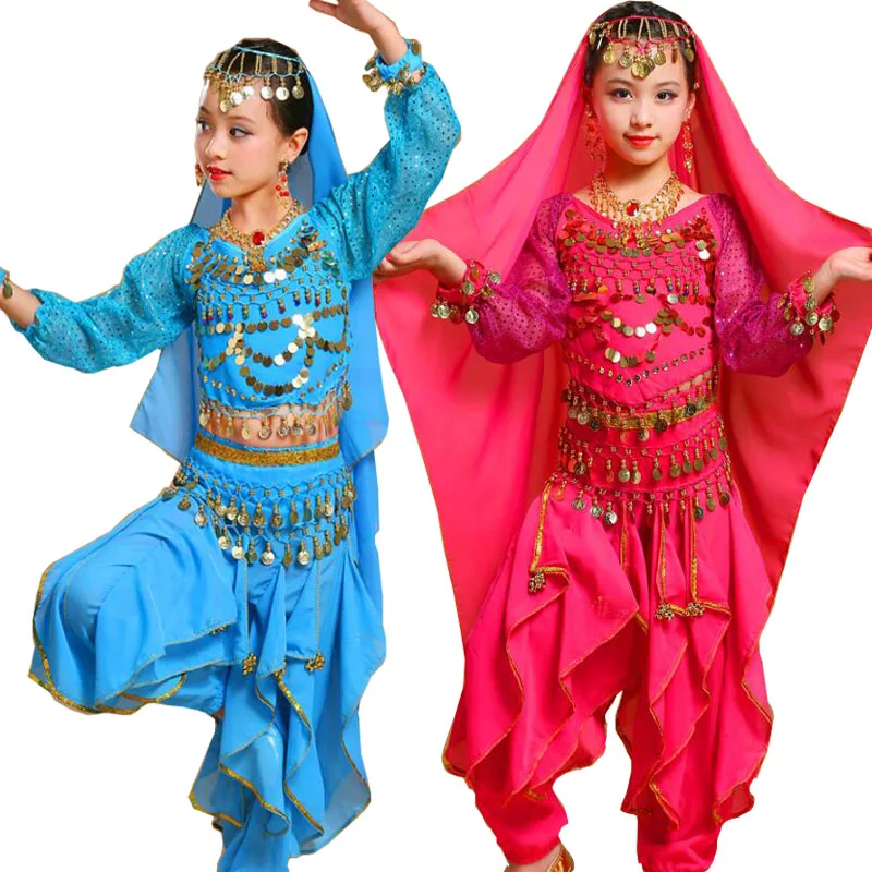 Топ + брюки пояс вуаль Детские костюмы для танца живота детская одежда бальных