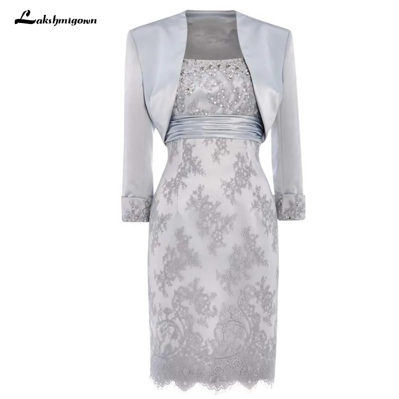 

Plus Size Silver Grey Mother Of The Bride Dresses Sheath Sweetheart With Jacket Knee Length Short Mother Dress For Wedding