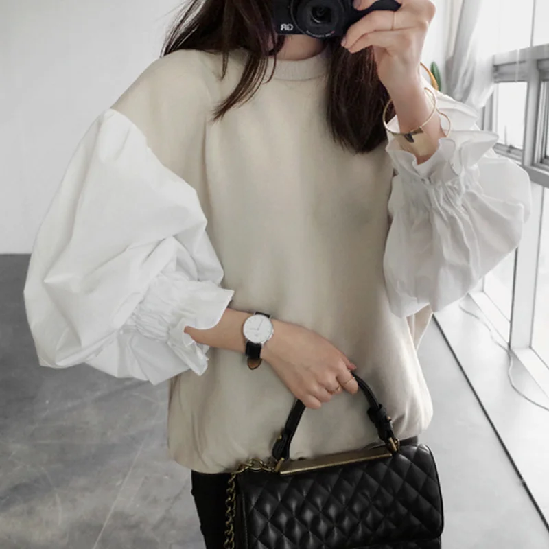 

SuperAen Long Sleeve Shirt Women Fashion Lantern Sleeve T Shirt Top Women O Neck Cotton Patchwork 2021 Fall Winter Casual TShirt
