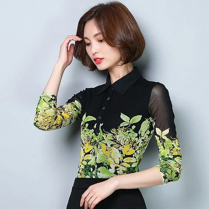 Элегантных Женщин ПОЛО Воротник Цветочный Печатные С Длинным Рукавом Блузка