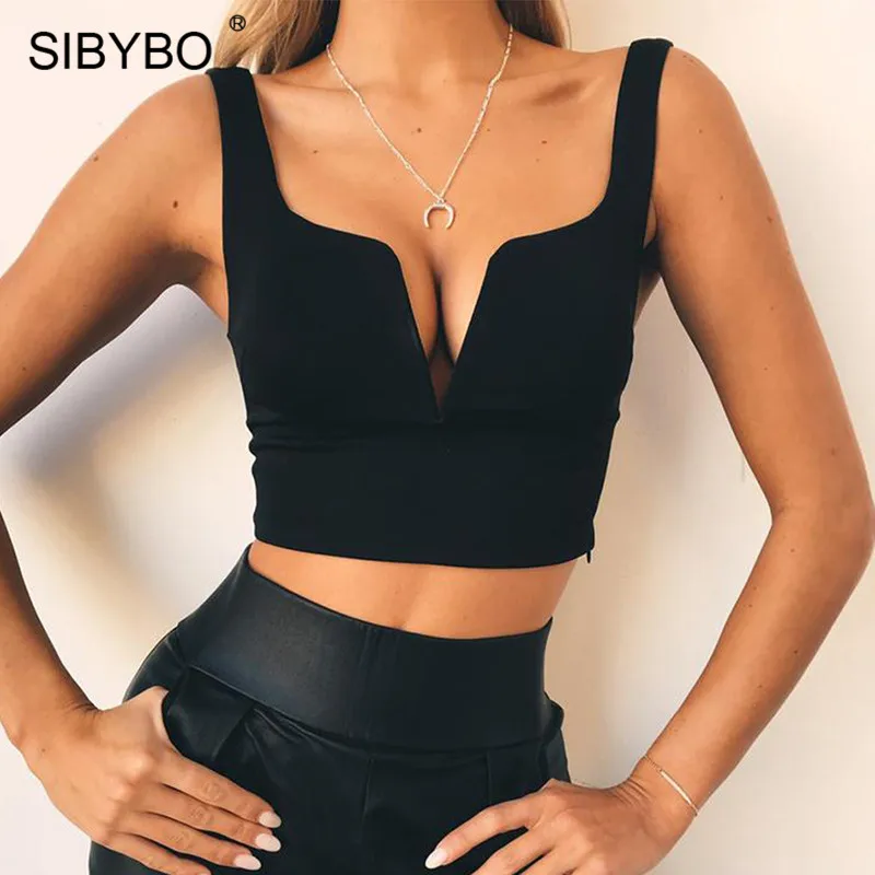 Sibybo, открытая спина, v-образный вырез, короткие летние топы для женщин, без рукавов, тонкий сексуальный укороченный топ, Женский однотонный пляжный Повседневный Топ на бретелях для женщин