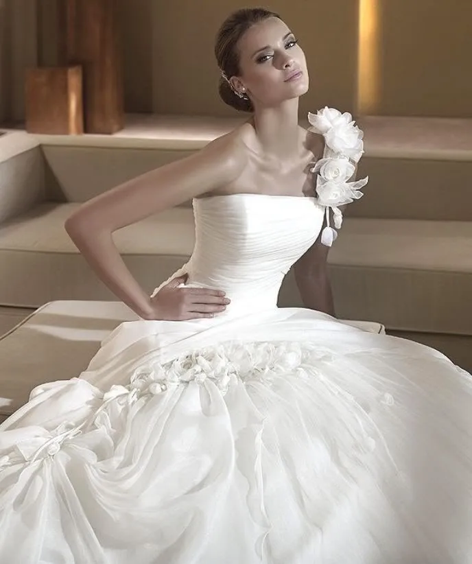 8 Hot Sale Sexy Wedding Dress Bride Party Gowns Ball Gown One Shoulder Flowers Sleeveless Organza Vestidos De Novia | Свадьбы и