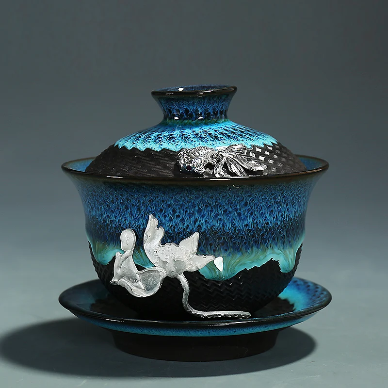 Креативный керамический рельефный серебряный узор Gaiwan домашний чайный набор