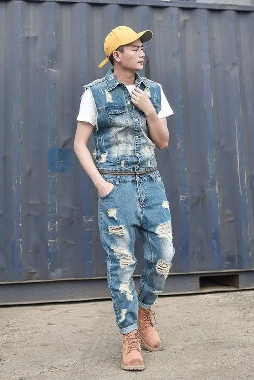 Джинсовый комбинезон для мужчин съемный Модный повседневный жилет рабочая