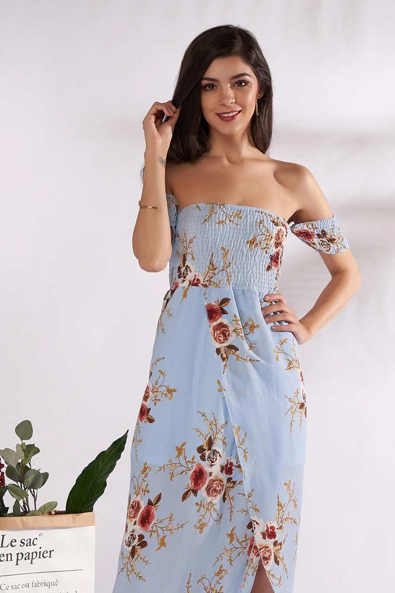 

Boho long dress 2019 summer new women's wrap chest backless short sleeve irregular print dress chiffon maxi dress