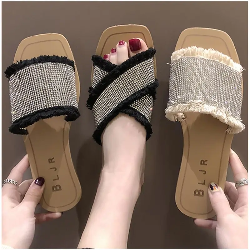 Модная женская обувь Для женщин тапочки кристалл Летние туфли на плоской подошве