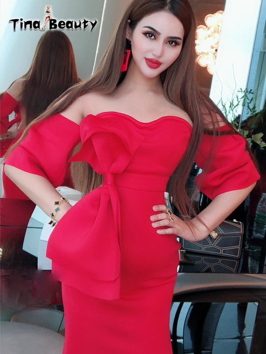 

TinaBeauty New Arrival Big Bow Red Dresses 2019 Summer Sexy Slash Neck Half Sleeve Bodycon Dress Women Party Prom Wear Red Dress