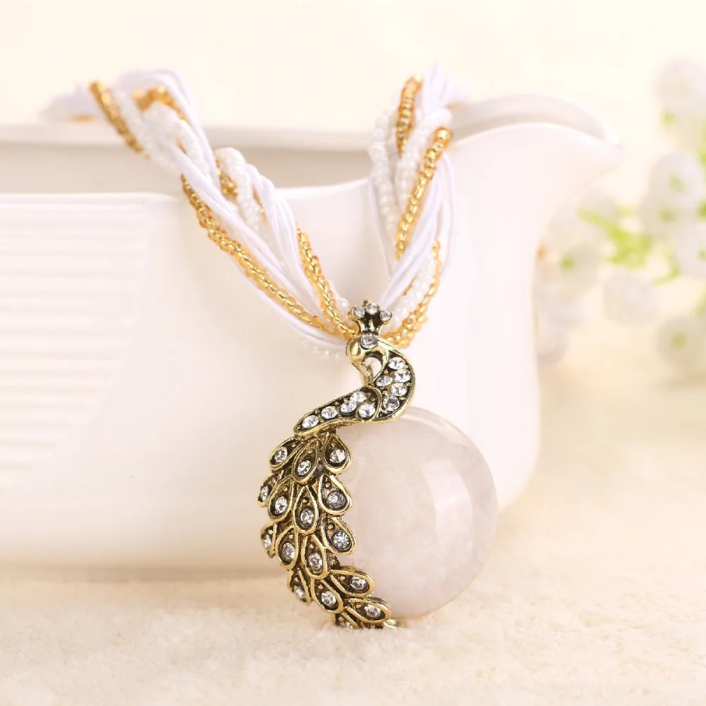 Женское длинное ожерелье с опалом винтажное в богемном стиле кулоном виде