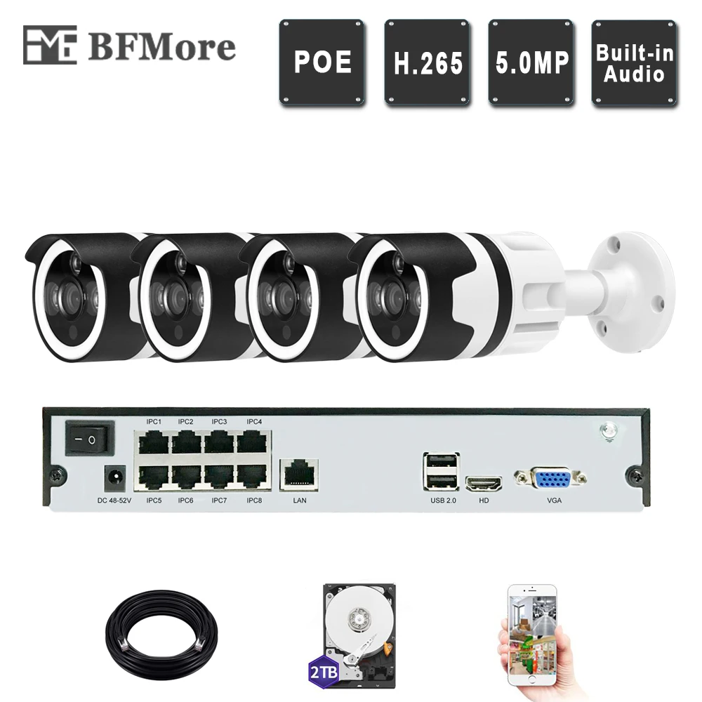 BFMore 4ch аудио 5.0MP 4.0MP POE Система Комплект H.265 + CCTV безопасности 8ch NVR IP камера