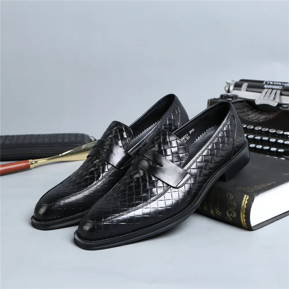 Woven Design Black / Tan Hand Made Loafers Mens Dress Shoes Genuine Leather Wedding Boys Prom | Обувь