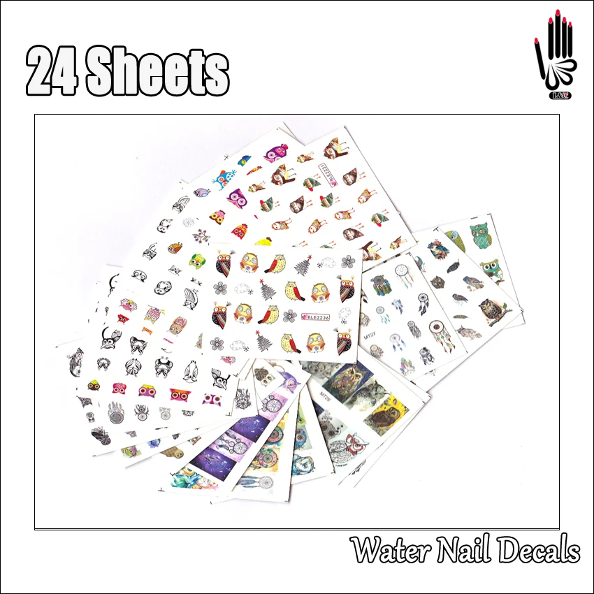 Для ногтей 24 листа/уп наклейки для с Лот полное покрытие рисунком Совы из