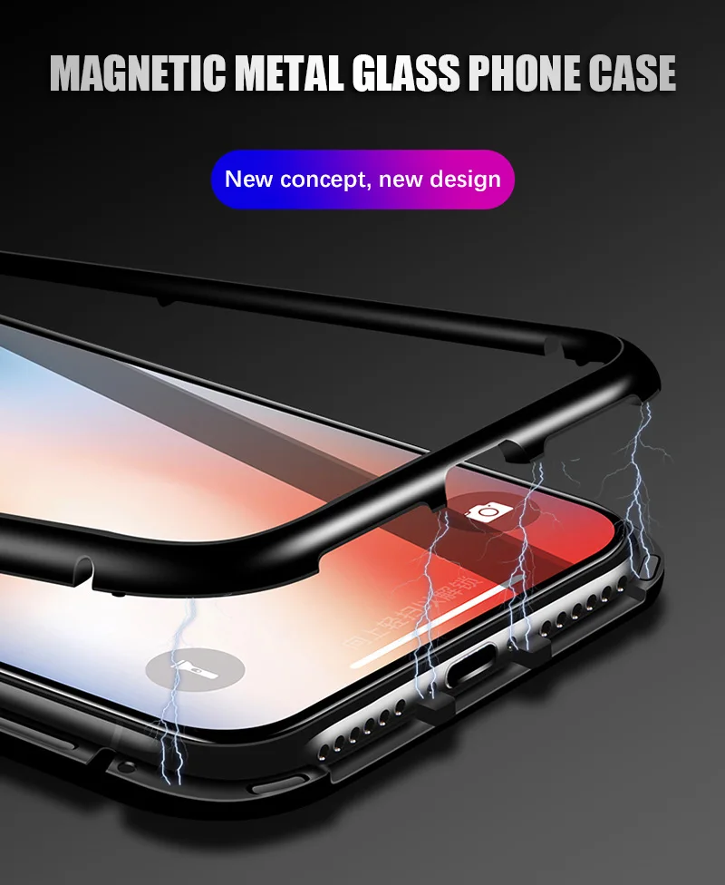 Магнитный адсорбционный чехол для iPhone X 8 7 Plus Алюминиевый Бампер металлический каркас+ 9 H закаленное стекло чехол для телефона