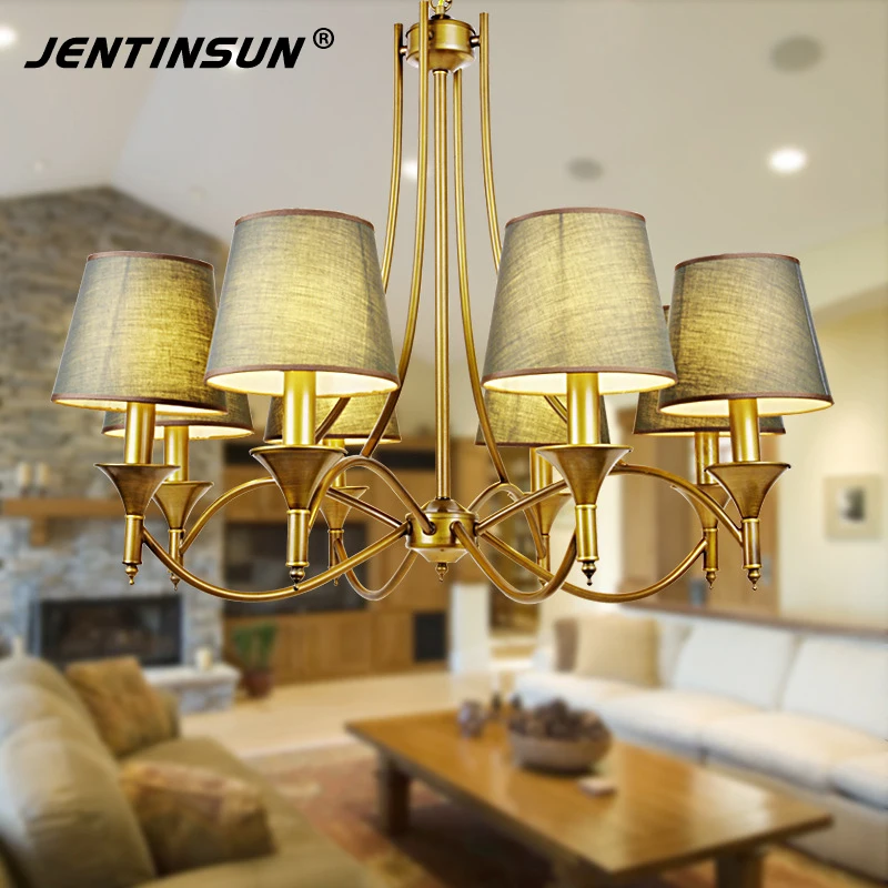 Новинка 2017 года ретро металл железо Люстры LED Ткань Абажур Висит Освещение Медь