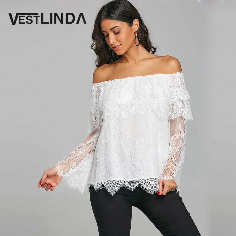 Женская кружевная блузка VESTLINDA летняя с открытыми плечами и рукавами