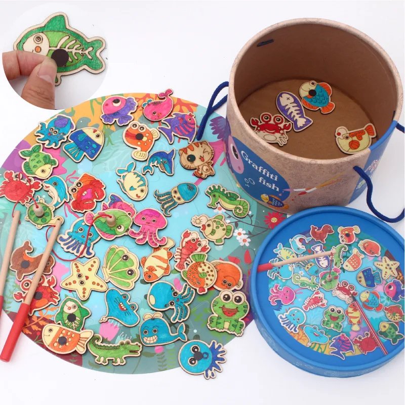 Wooden Baby Fish Toys For Children Multifunctional Graffiti Painting Magnetic Fishing Games Kids Educational | Игрушки и хобби