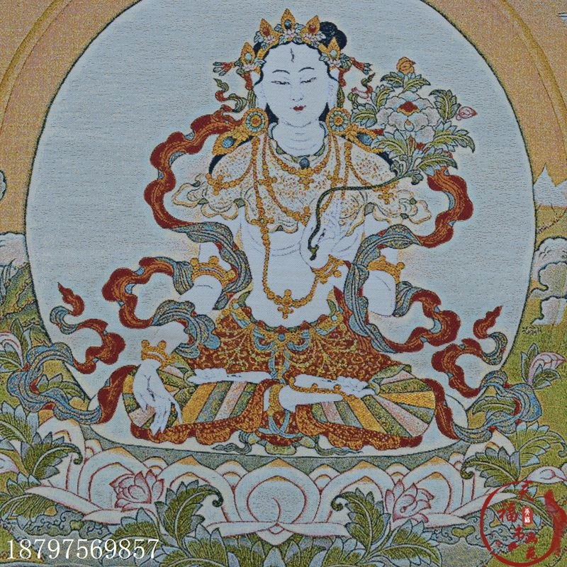 Рождественская парча Thangka шелковая вышивка Будда белый Непал Гуаньинь